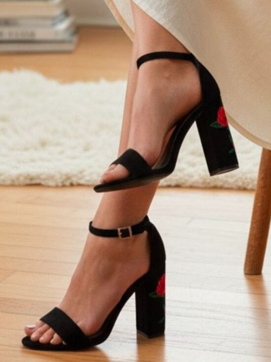 Shoes - Black Faux Suede Block Heel Sandals With Rose Embroidery & Ankle Strap